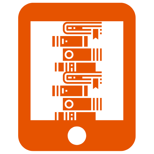 An orange icon of an ipad with books stacked inside