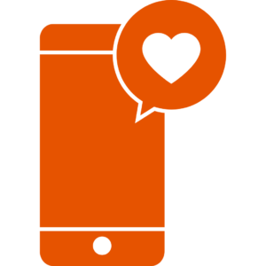 An orange smartphone with a heart in a speech bubble in the upper right hand corner